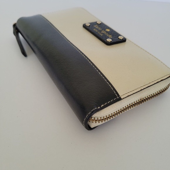 Kate Spade Neda Wallet Clutch Accordion Geniue Leather Zip Around Ivory Black - Picture 7 of 10